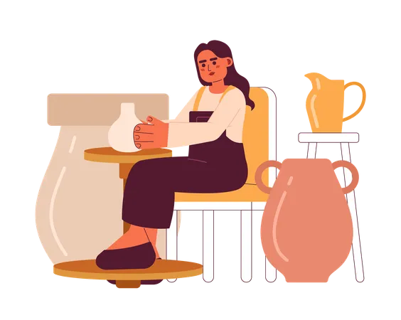 Woman making pottery at home  イラスト
