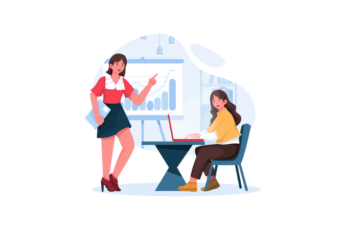 Woman making presentation with business analytics  Illustration