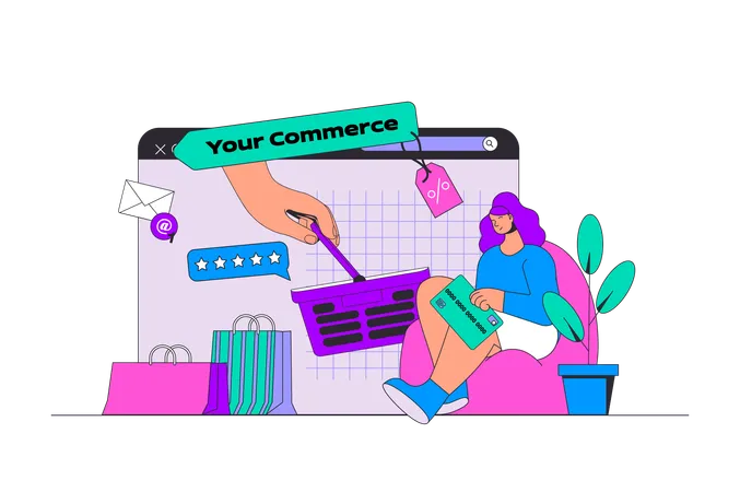 Online Commerce Concept In Modern Flat Design For Web Woman Making Purchase Orders At Store Site Paying With Credit Card At Internet Vector Illustration For Social Media Banner Marketing Material Illustration