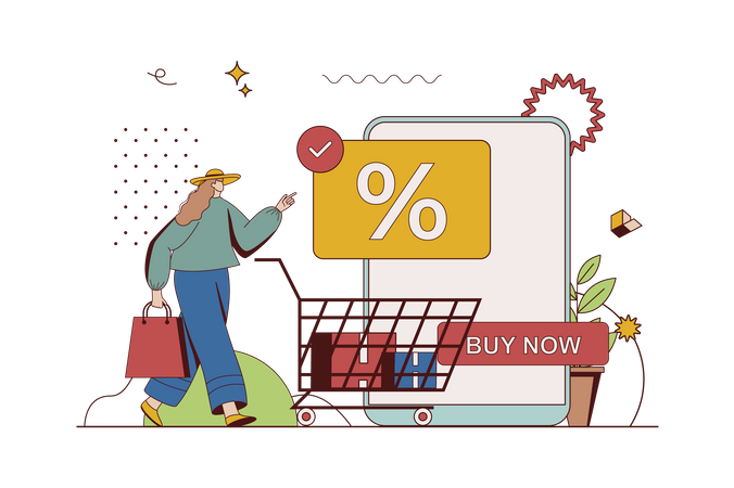 Woman making purchases at discount prices and buying groceries in supermarket  Illustration
