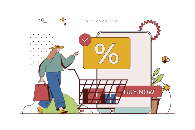 Commerce Concept With Character Situation In Flat Design Woman Making Purchases At Discount Prices Buying Groceries In Supermarket Online Shopping Vector Illustration With People Scene For Web Illustration