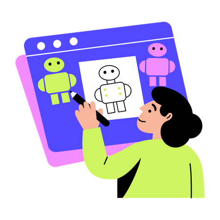 Woman making robot blueprint  Illustration