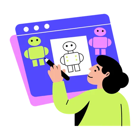 Woman making robot blueprint  Illustration