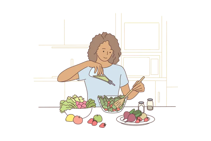 Cooking Hunger Food Health Vegetarian Care Concept Young Happy Hungry Smiling African American Woman Girl Vegan Pouring Olive Oil In Vegetable Breakfast Salad Healthy Lifestyle Illustration Illustration