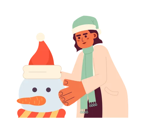 Middle Eastern Woman Making Snowman 2 D Cartoon Character Wearing Santa Hat Arab Female Isolated Vector Person White Background Christmastime Winter Decoration Color Flat Spot Illustration 일러스트레이션