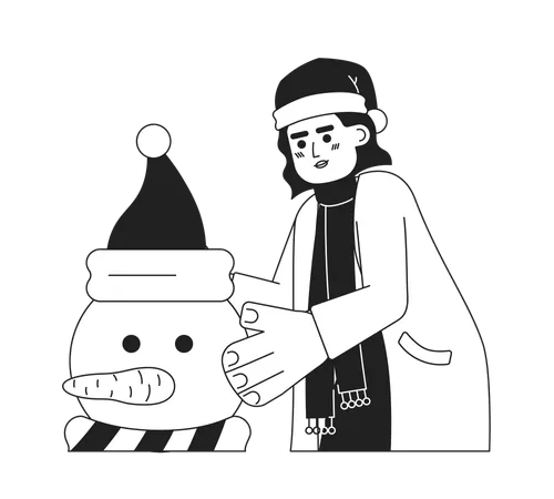 Middle Eastern Woman Making Snowman Black And White 2 D Cartoon Character Wearing Santa Hat Arab Female Isolated Vector Outline Person Christmastime Decoration Monochromatic Flat Spot Illustration 일러스트레이션