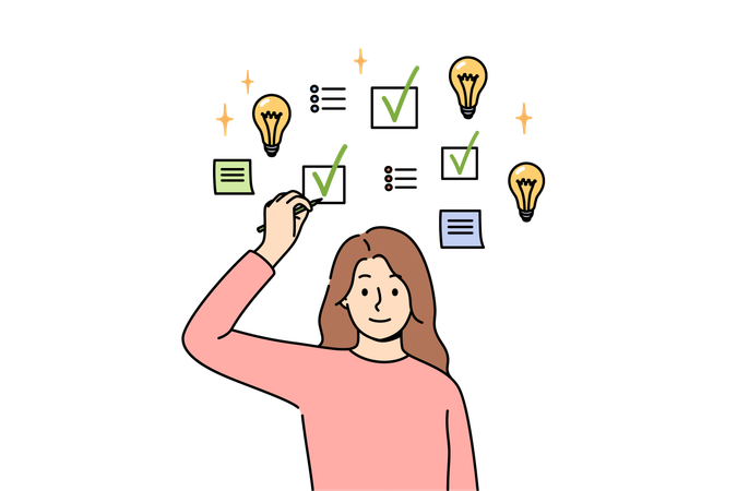 Woman making task management to achieve productivity and makes mark in checkbox above head  Illustration