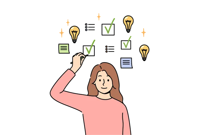 Woman making task management to achieve productivity and makes mark in checkbox above head  Illustration