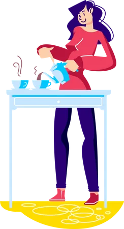 Woman Making Tea Pouring Hot Beverage From Teapot To Tea Cup On Table Cartoon Girl Preparing For Tea Party Or Tea Time During Branch Or In Morning Vector Illustration Illustration