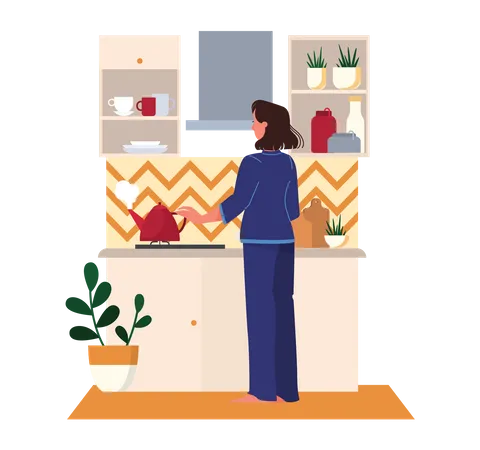 Vector Illustration Of A Woman Making Tea Female Character Standing In The Kitchen And Waiting For Kettle To Boil Domestic Interior Everyday Routine Concept 일러스트레이션