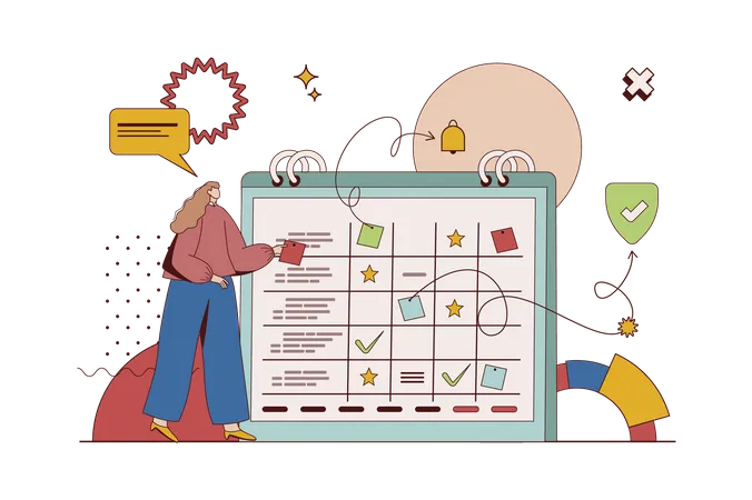 Planning Concept With Character Situation In Flat Design Woman Making To Do List Work Tasks And Business Meetings Using Calendar And Note Stickers Vector Illustration With People Scene For Web Illustration