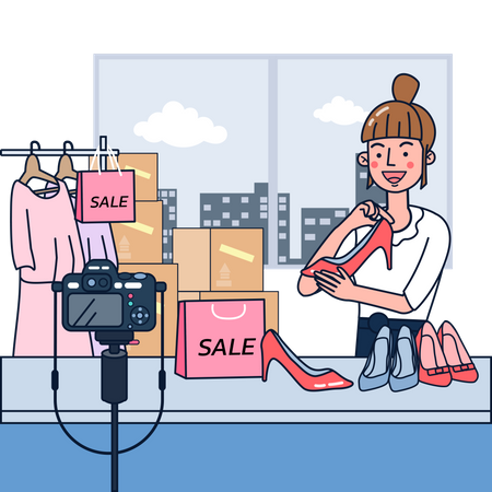 Woman making video on shoes sale to reach customers Illustration