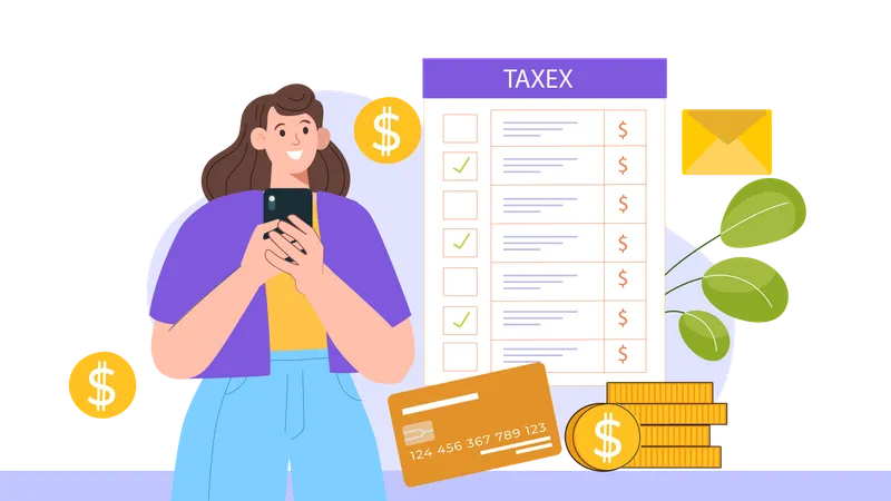 Woman manage tax using mobile app  Illustration