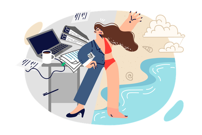 Woman manager dreams of summer trip  Illustration
