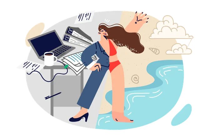 Woman Manager Dreams Of Summer Trip Dressed In Business Suit And Beach Suit At Same Time Beautiful Girl Stands In Office Or On Beach Maintaining Balance And Harmony Between Personal Life And Work Illustration