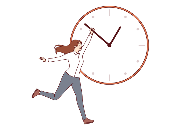 Woman manager is trying to be productive holding back hand of big clock to get work done on time  Illustration