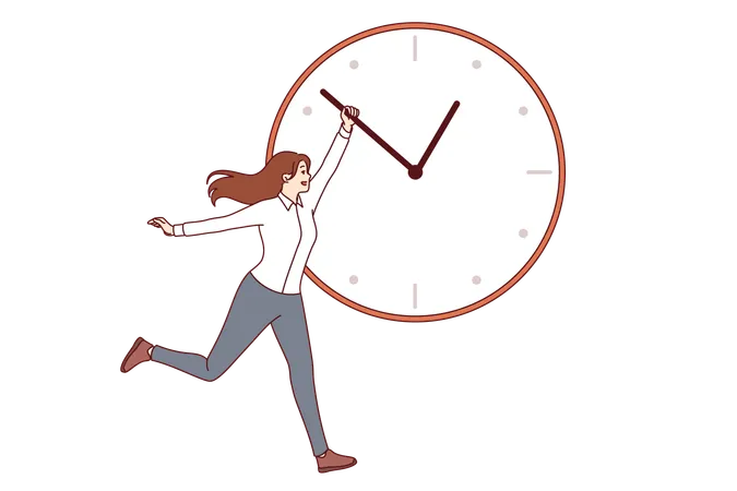 Woman Manager Is Trying To Be Productive Holding Back Hand Of Big Clock To Get Work Done On Time Happy Businesswoman Wants To Succeed In Career And Works Productive Meeting Deadlines Illustration