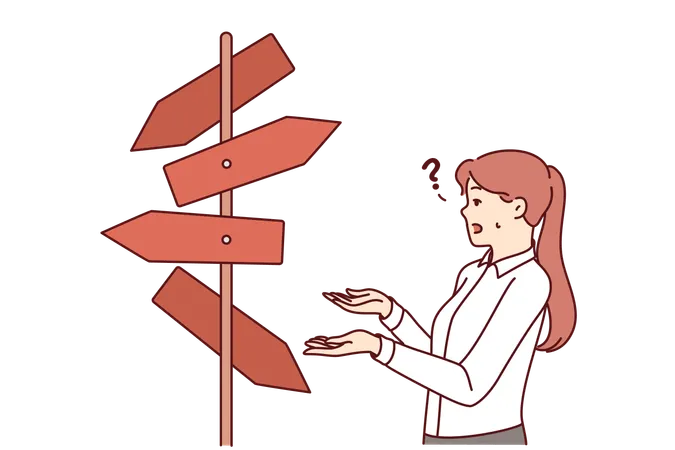 Woman Manager Makes Difficult Choice Standing Near Road Sign With Many Options Businesswoman Or Clerc Is Embarrassed Because Of Difficult Choice When Drawing Up Business Plan For Company Illustration