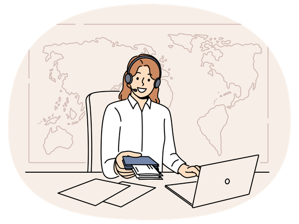 Woman manager of travel agency sits at office desk and holds passport with visas and plane tickets  Illustration