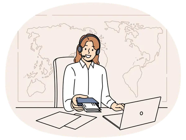 Woman manager of travel agency sits at office desk and holds passport with visas and plane tickets  Illustration