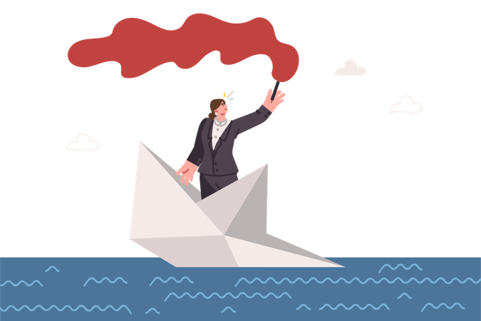 Woman manager sends SOS signal and located on sinking paper ship  Illustration