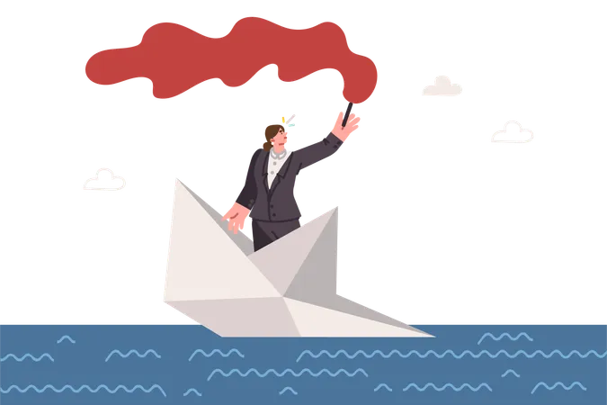 Woman manager sends SOS signal and located on sinking paper ship  Illustration