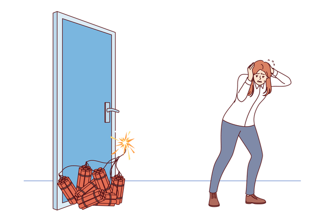 Woman manager sets off explosion to open door covers ears with hands while standing near dynamite  일러스트레이션