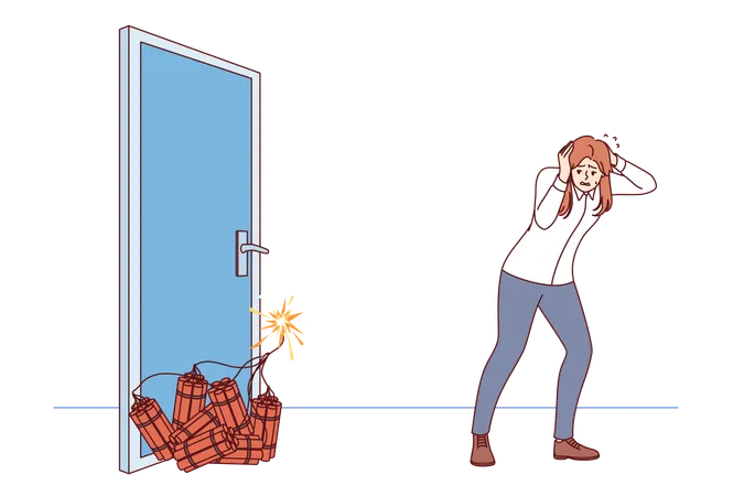 Woman Manager Sets Off Explosion To Open Door Covers Ears With Hands Standing Near Dynamite Concept Of Being Ready To Do Anything To Achieve Business Goal In Career Of Girl Manager Illustration