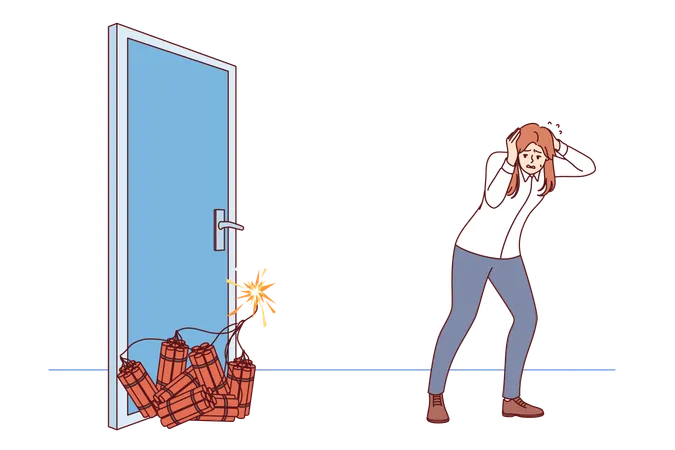 Woman manager sets off explosion to open door covers ears with hands while standing near dynamite  Illustration