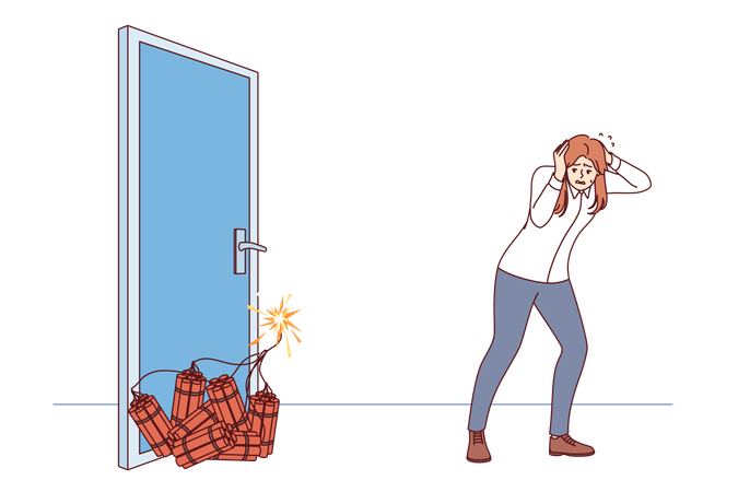 Woman manager sets off explosion to open door covers ears with hands while standing near dynamite Illustration