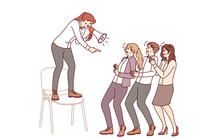 Woman manager shouts at subordinates intimidating employees to increase productivity  Illustration