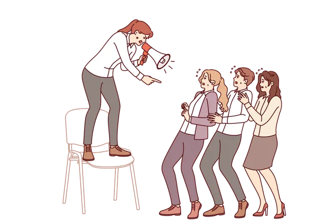 Woman manager shouts at subordinates intimidating employees to increase productivity  Illustration