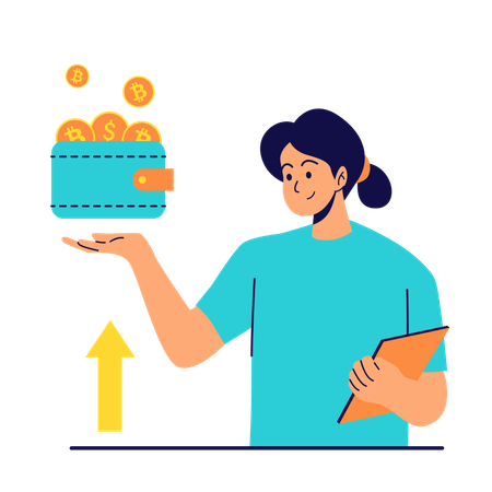 Woman managing cryptocurrency blockchain wallet  Illustration
