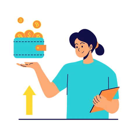 Woman managing cryptocurrency blockchain wallet  Illustration