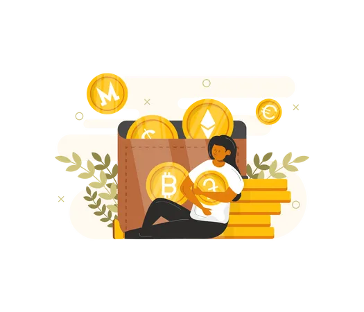 Woman managing cryptocurrency wallet Illustration