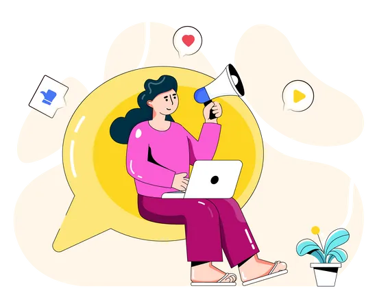 Female With Laptop And Speaker Flat Illustration Of Media Marketing Illustration