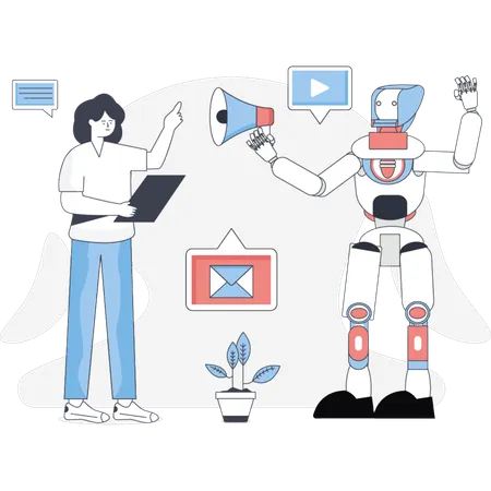 Woman  marketing using AI robot  Illustration