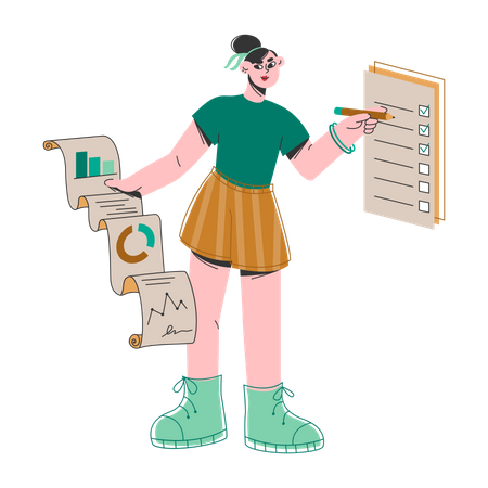 Woman Marks Completed Data Collection Tasks  Illustration