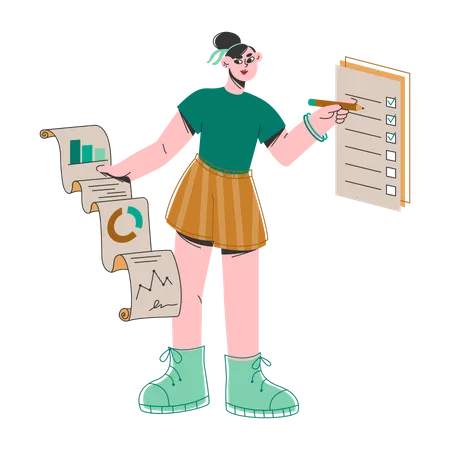 Woman Marks Completed Data Collection Tasks  Illustration