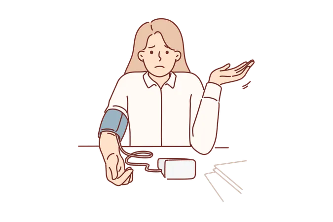 Woman measures blood pressure with electronic tonometer  Illustration
