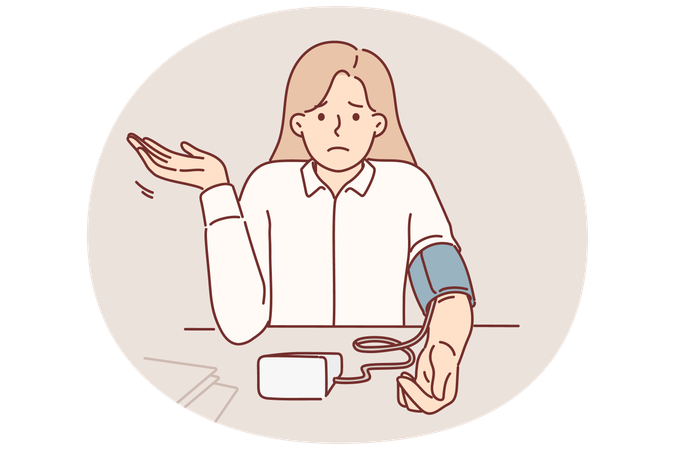 Woman measures blood pressure with electronic tonometer sits at office desk and feels worse  Illustration