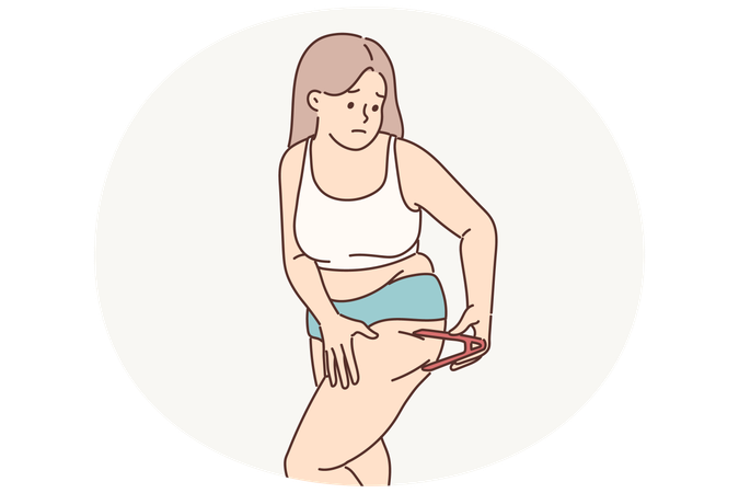 Woman measures percentage of fat on legs using calipers tracking result of diet for weight loss  Illustration