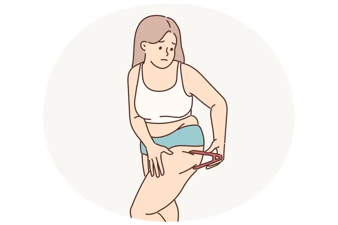 Woman measures percentage of fat on legs using calipers tracking result of diet for weight loss  Illustration