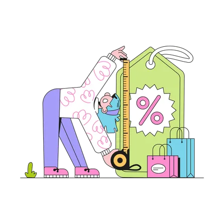 Woman Measuring Large Discounted Nametag  Illustration