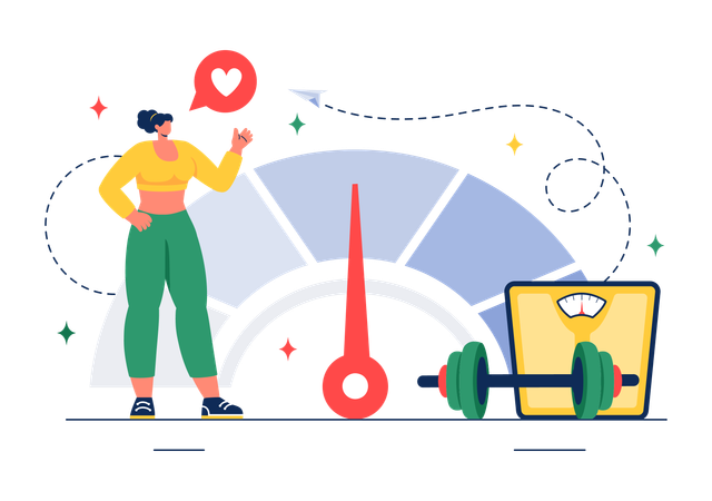 Woman measuring weight on weighing scale  Illustration