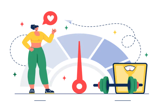 Woman measuring weight on weighing scale  Illustration