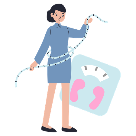 Woman measuring weight on Weight Scale  Illustration