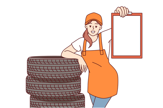 Woman mechanic from car repair shop stands near replacement tires for car wheels, holds clipboard  Illustration