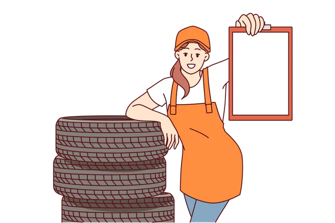 Woman mechanic from car repair shop stands near replacement tires for car wheels, holds clipboard  Illustration