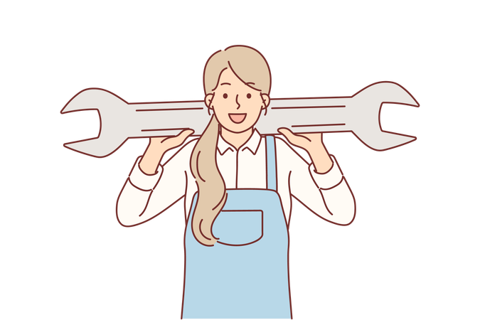 Woman mechanic holds giant wrench providing services to repair car after engine breakdown  イラスト